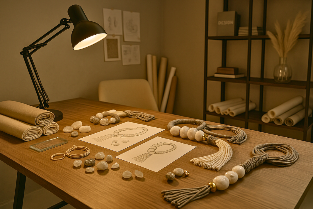 Ambiente de ateliê contemporâneo com composição artesanal KAZA ZAIRA em processo de construção, destacando matéria natural, gestos manuais e atmosfera editorial sofisticada.