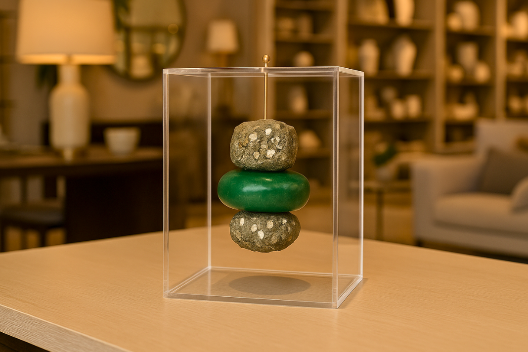 Ambiente editorial contemporâneo com pedras naturais e composição sofisticada destacando atmosfera silenciosa, mineralidade e presença sensorial no espaço.